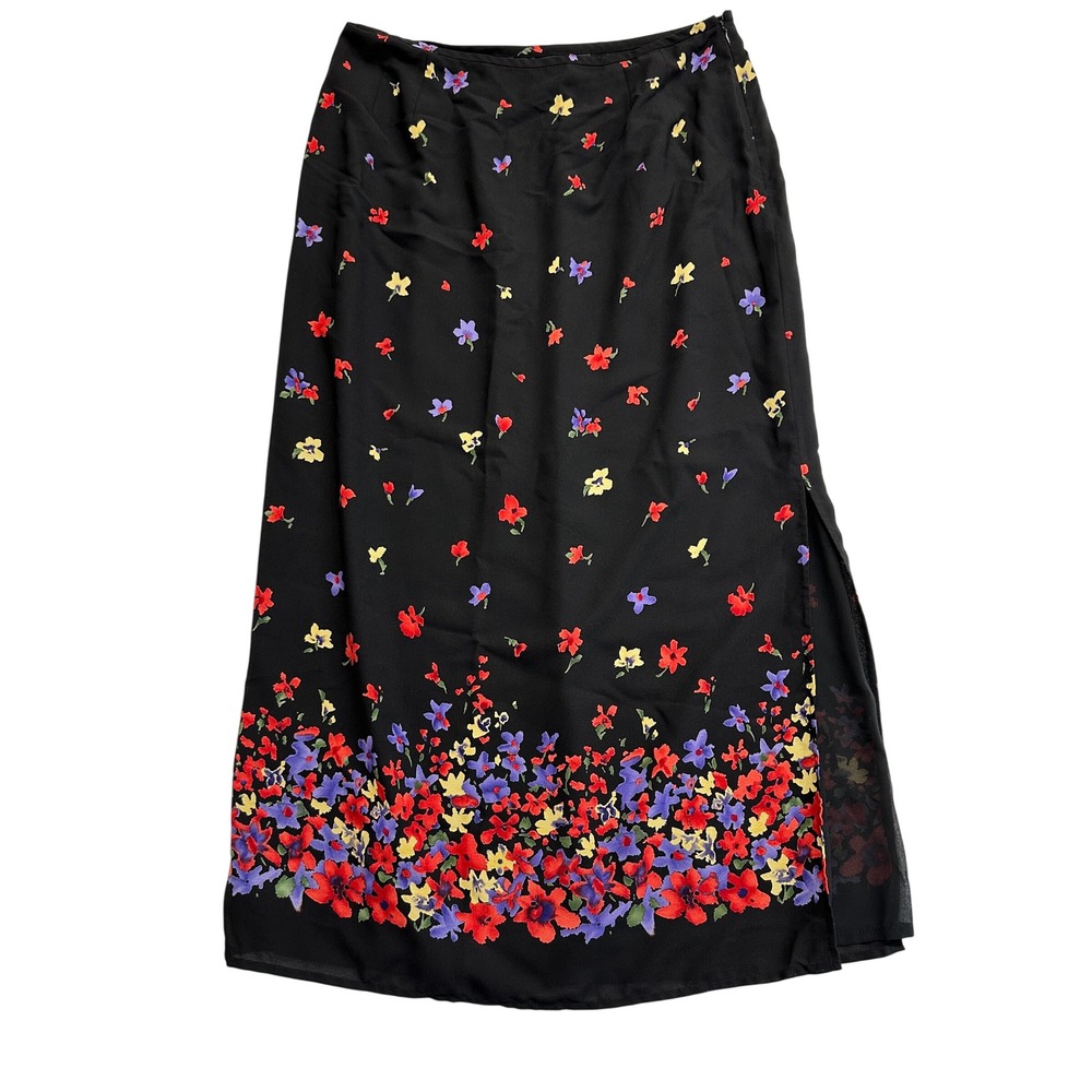 Kasper & Company ASL Black Floral Border Print Maxi Skirt Petite 14P Side Slit